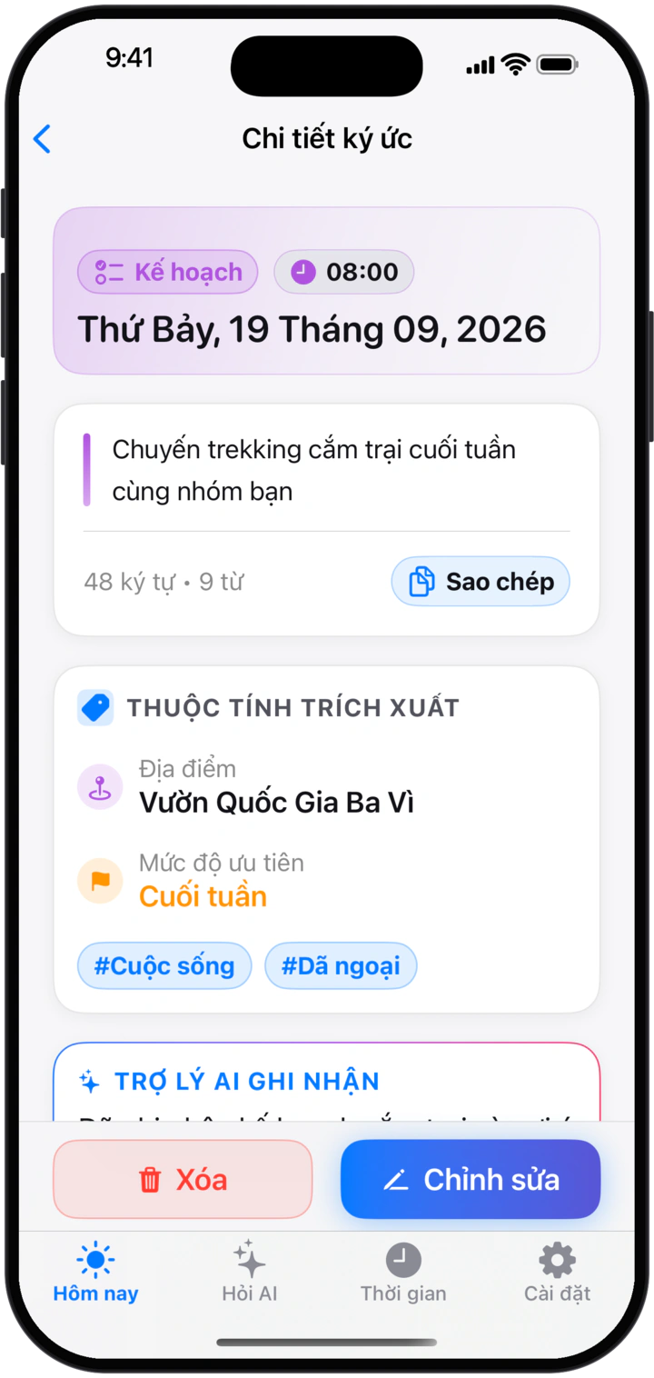 Chi tiết một ký ức: AI trích xuất địa điểm, mức ưu tiên và thẻ