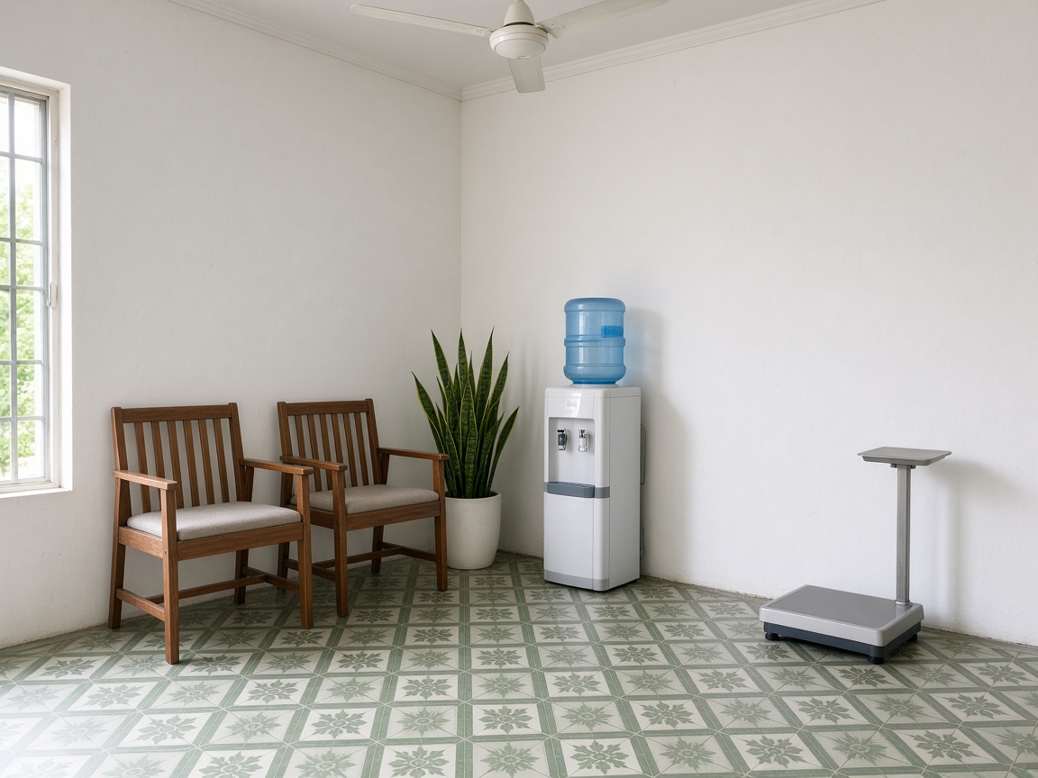 Góc chờ phòng khám: nền gạch bông, ghế gỗ, cây lưỡi hổ, bình nước và cân thú cưng.