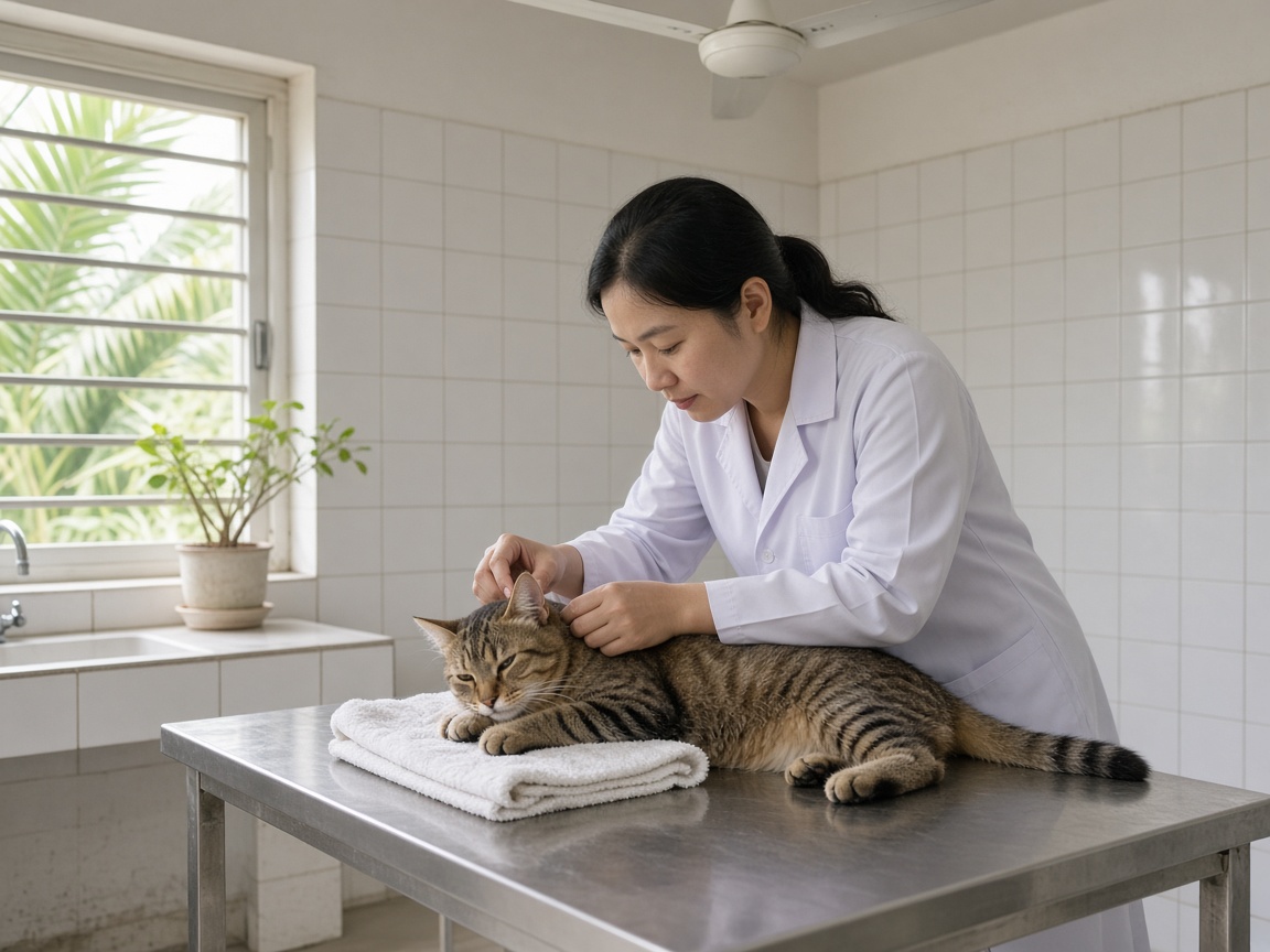 Bác sĩ thú y soi tai một chú mèo vàng trên bàn khám, phòng gạch men và cửa sổ sáng.